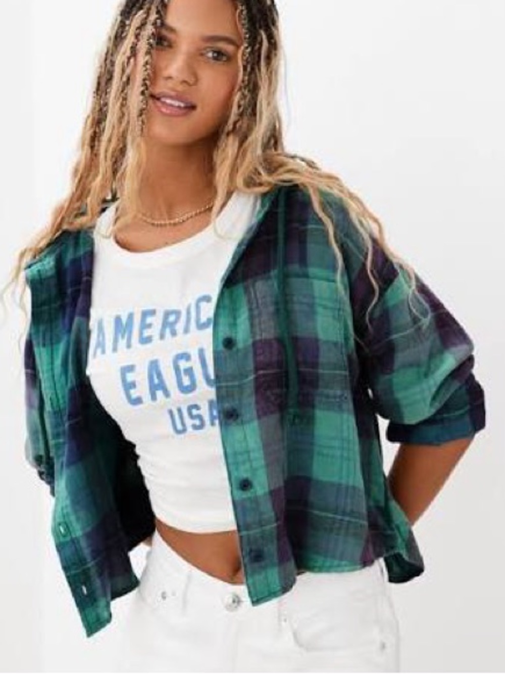 American Eagle Women M Green Plaid Casual Grunge Cropped Flannel Shirt Hoodie